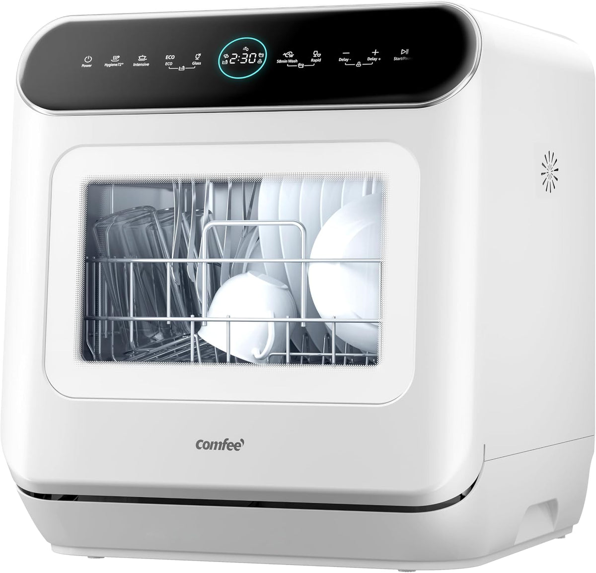 COMFEE MFD42S110W IT Mini lavastoviglie 3 coperti - 7 programmi con display LED - Avvio ritardato e apertura automatica - Bianca 46,5 x 42 x 43,5 cm a libera installazione 58 dB