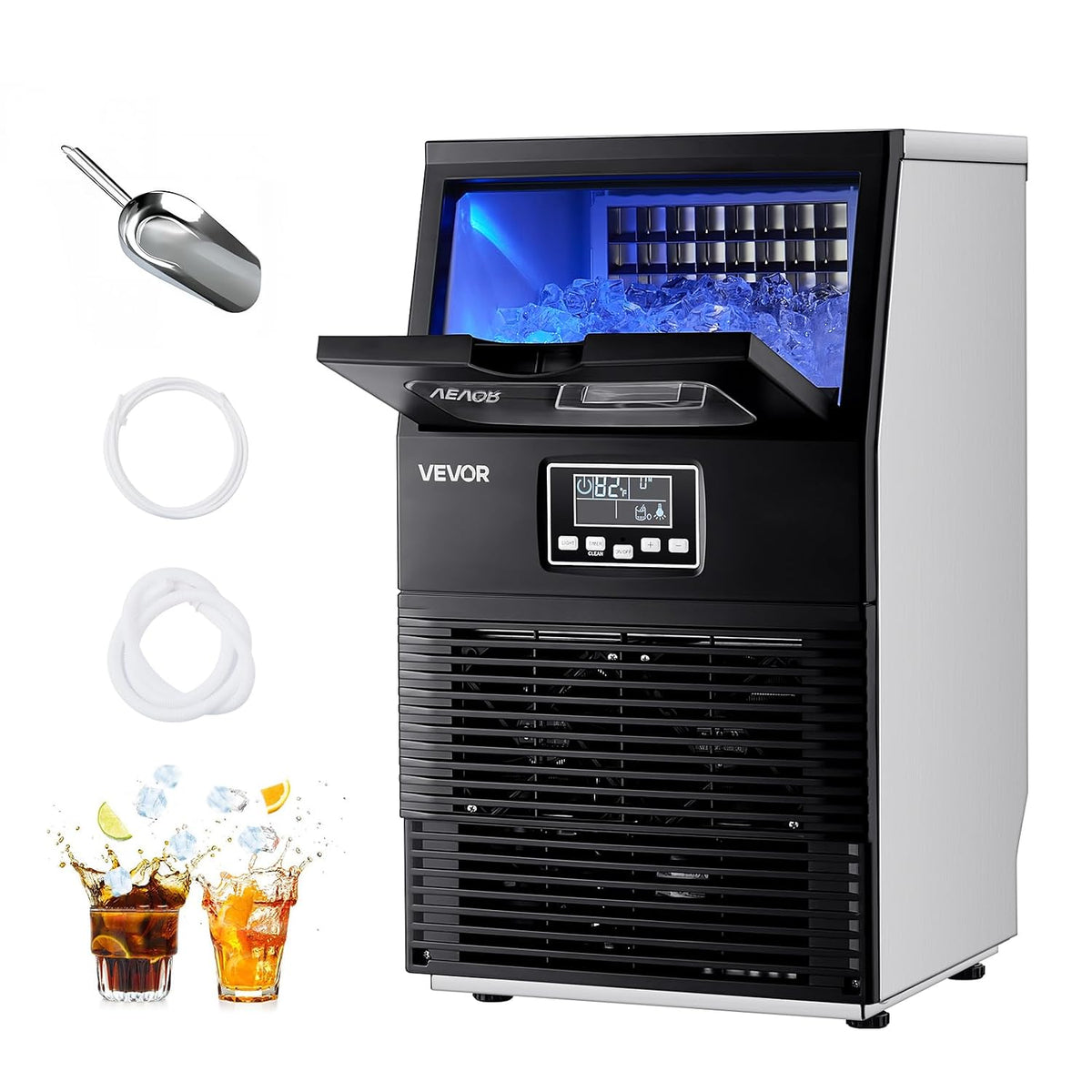 VEVOR macchina per cubetti di ghiaccio commerciale - Produzione 36 kg al giorno con capacità circa 5 kg - Display LED e funzione autopulente - Acciaio inox 160 W 110 V