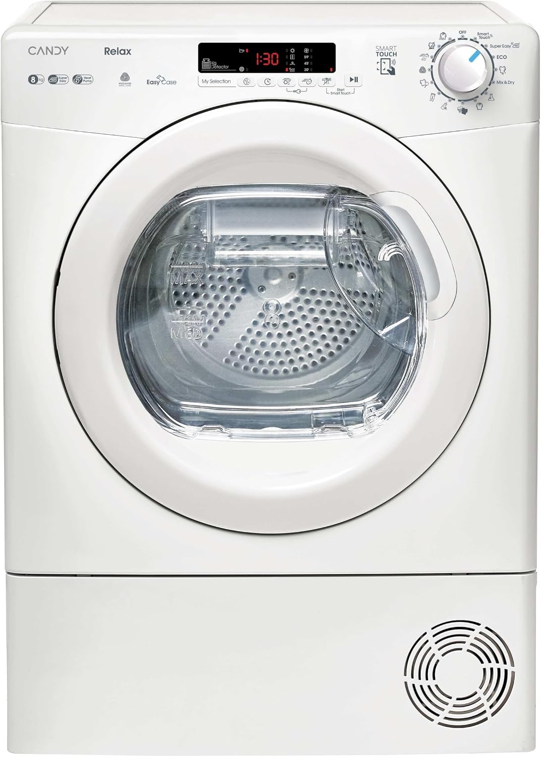 Candy Smart CR EH8N1DE S Asciugatrice 8 kg - Pompa di calore Classe E a carica frontale - NFC e certificazione Woolmark - Bianca 85 x 59,6 x 60,7 cm