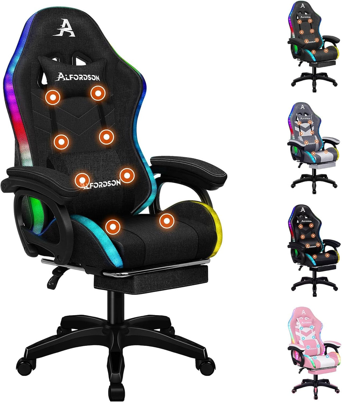 ALFORDSON sedia gaming massaggiante RGB - Poggiapiedi e schienale regolabile per computer - Rivestimento in tessuto con struttura girevole - Nero 94 x 58 x 122 cm