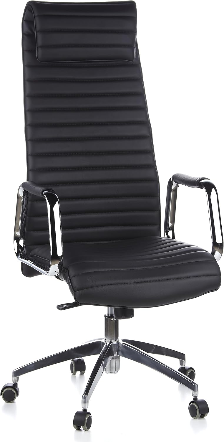 HJH Office ASPERA 20 600900 - Poltrona girevole da ufficio in pelle nera - Schienale alto ergonomico con braccioli - Altezza regolabile 50 x 59 x 139 cm