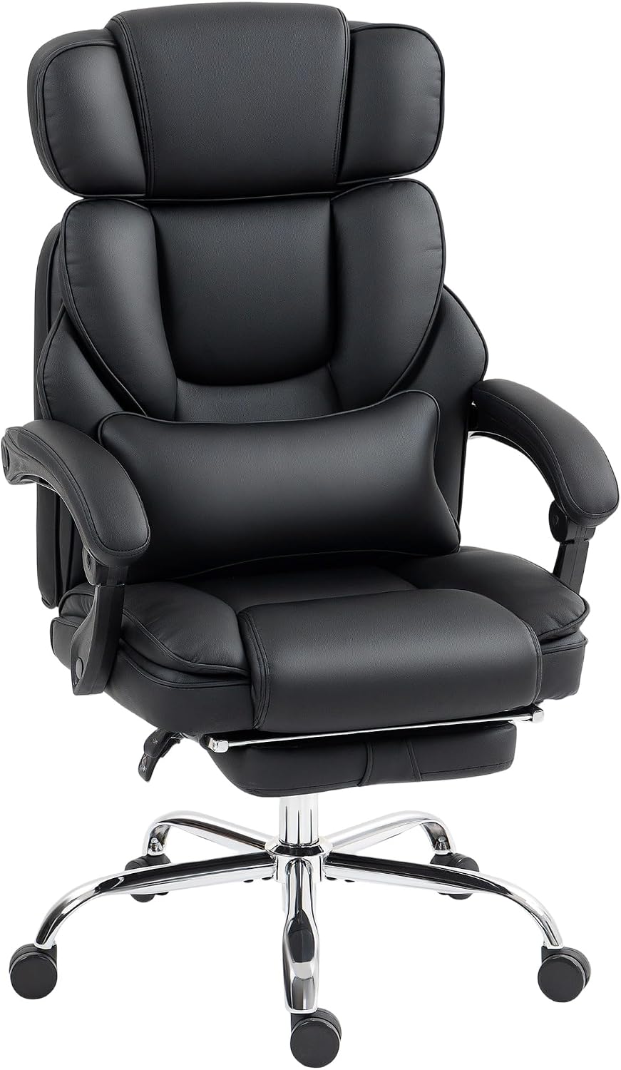 HOMCOM sedia ufficio ergonomica reclinabile - Schienale alto con supporto lombare e poggiapiedi - Inclinazione fino a 135 gradi - Pelle PU nera altezza regolabile