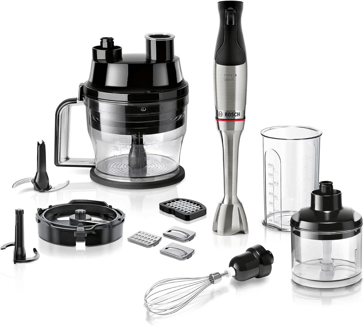 Bosch MSM6M8X1 frullatore a immersione 7 in 1 - Potenza 1200 W per miscelazione e preparazione alimenti - Corpo in acciaio inox nero - Formato 7,8 x 6 x 39,5 cm