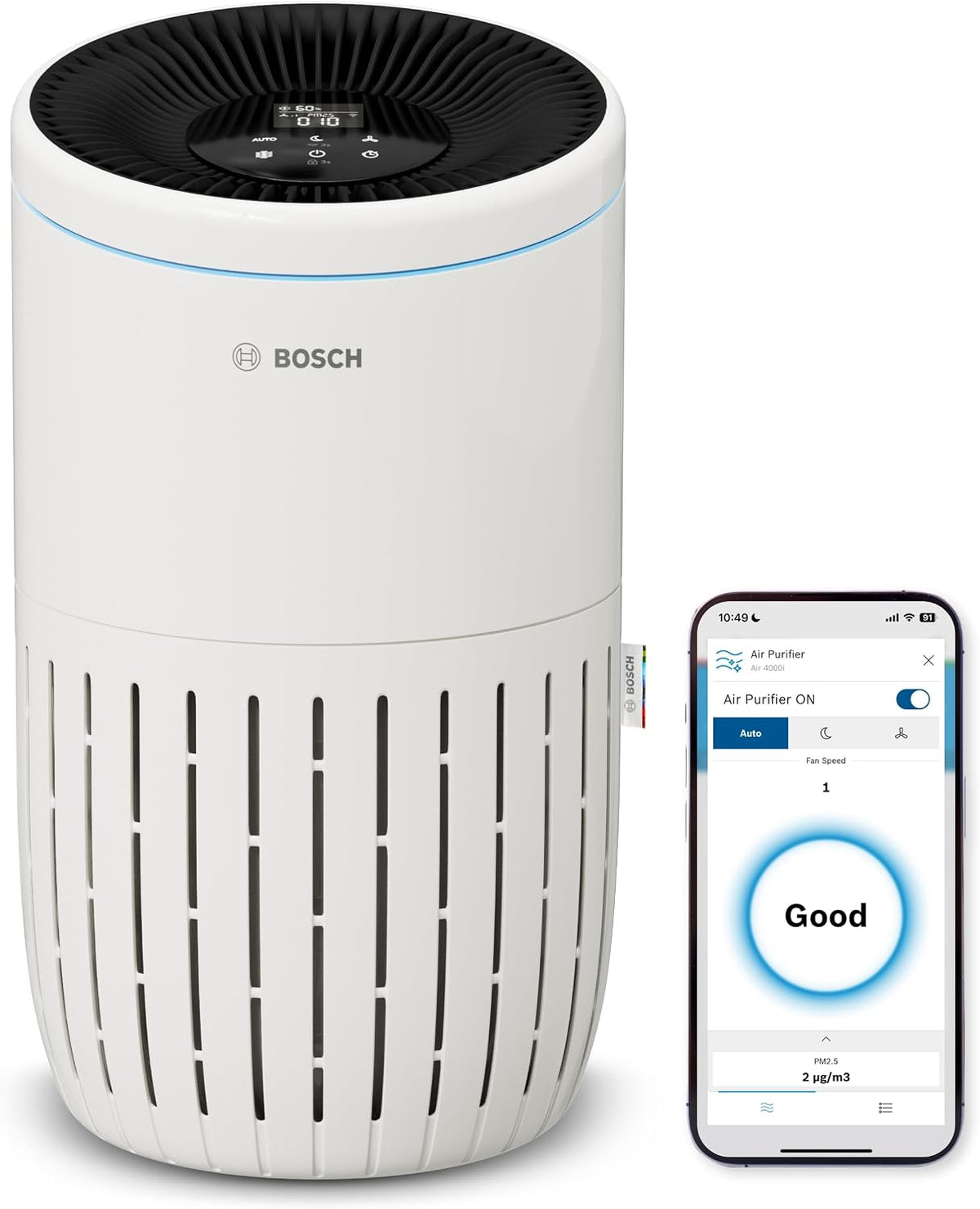 Bosch Air 4000i purificatore aria smart - CADR 300 m3 ora per ambienti fino a 62,5 m2 - Filtrazione oltre 99 percento degli inquinanti - App display Auto e Sleep