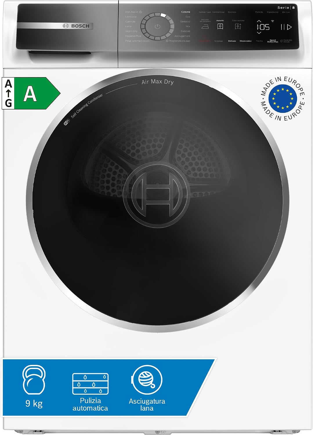 Bosch WRB247C0IT Serie 8 asciugatrice smart - Pompa di calore 9 kg con condensatore autopulente - Sensori intelligenti e riduzione pieghe - Bianca 60 cm a carico frontale
