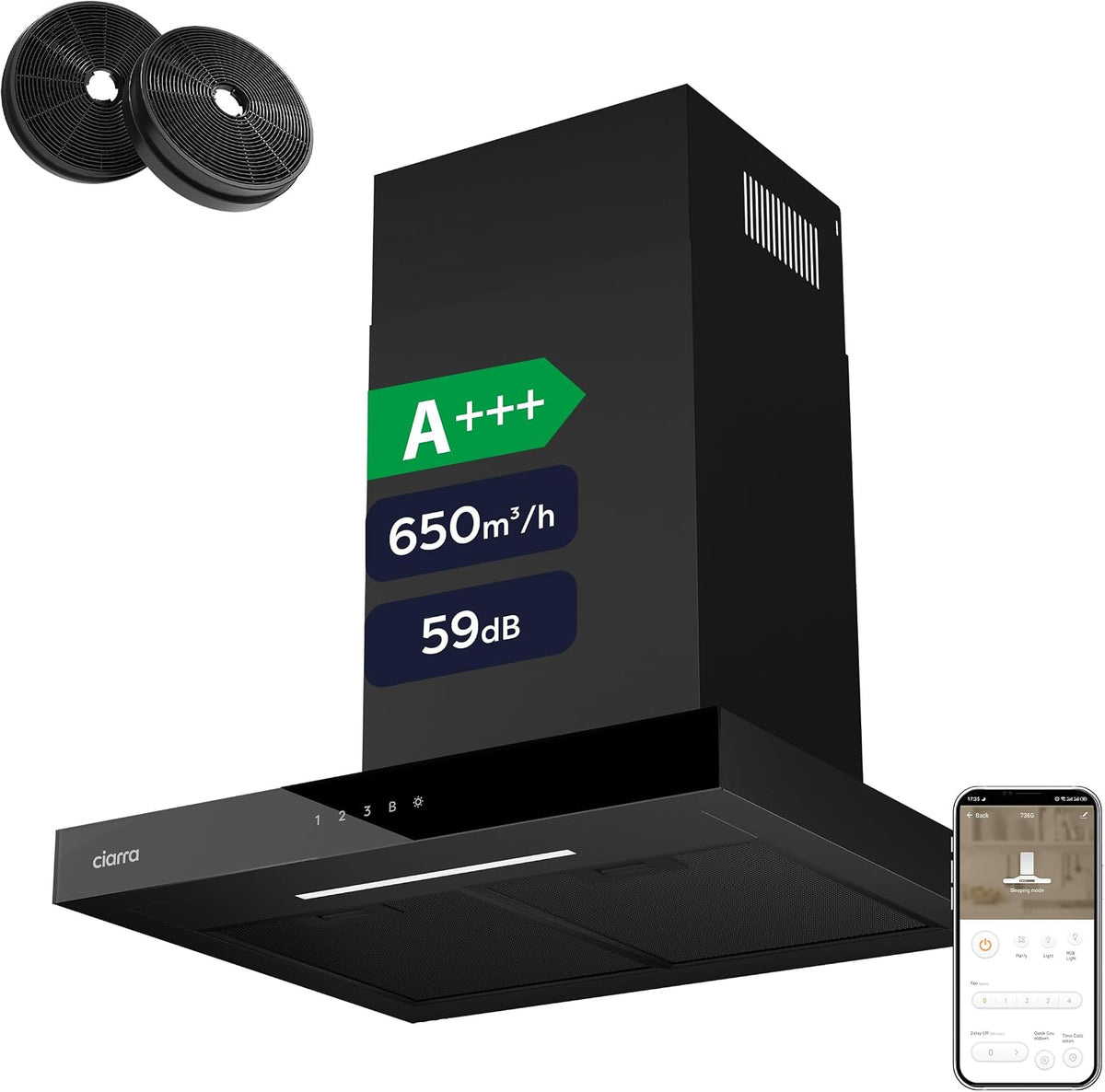 CIARRA CBCB6102 cappa aspirante 60 cm - Portata aria 650 m3 h con 4 velocità e Booster - Touch display LCD e filtro carbone - Nera con ricircolo o evacuazione Classe A plus