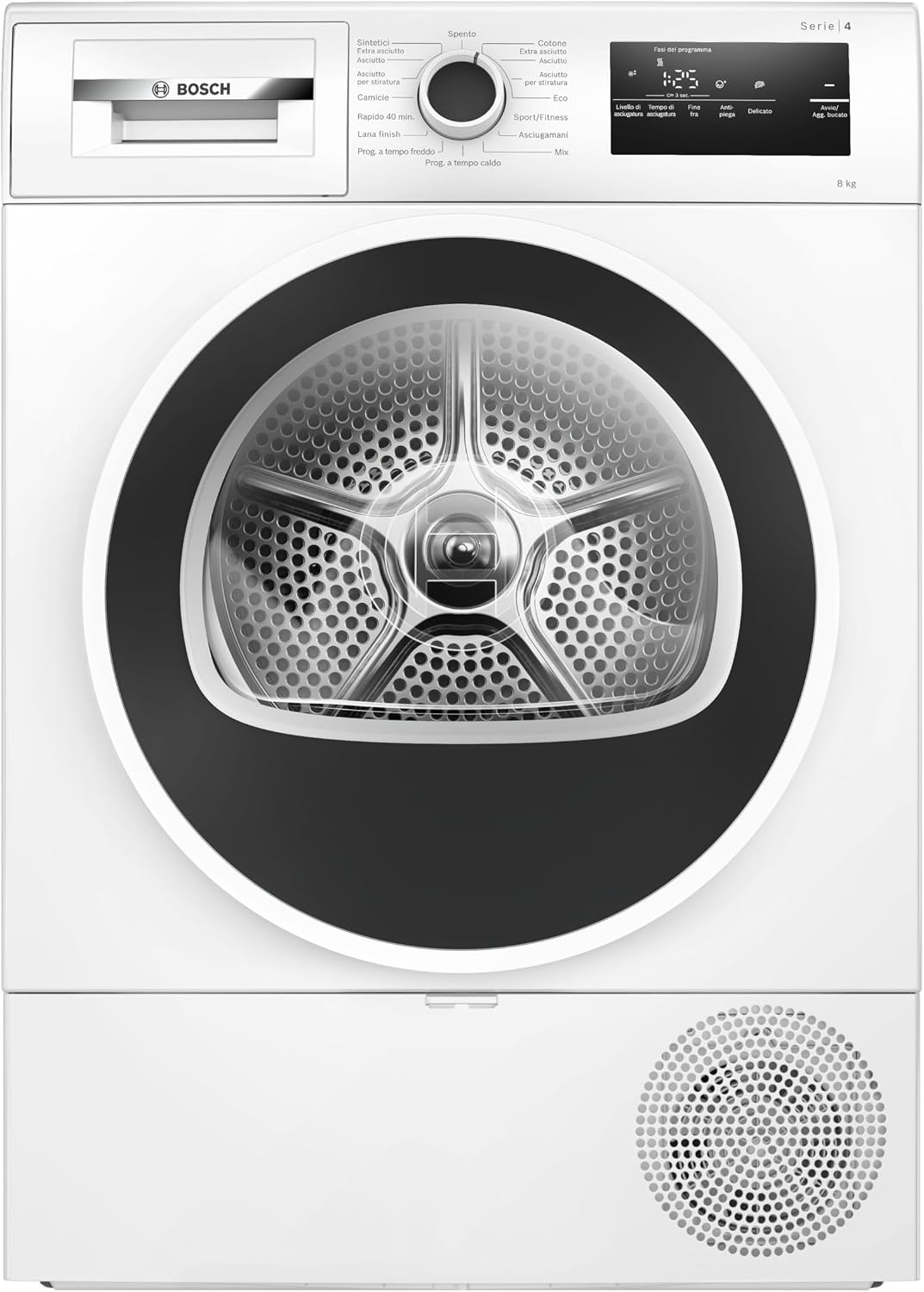 Bosch Serie 4 WTH85218II Asciugatrice Smart 8 kg - Pompa di calore Classe D - Sensori intelligenti di asciugatura - Bianca con filtro facile da pulire e cestello in acciaio inox