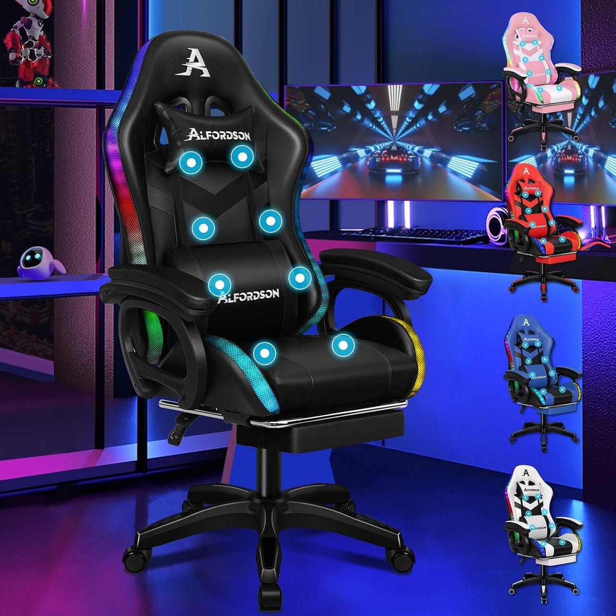 ALFORDSON Marc - Sedia gaming ergonomica con massaggio a otto punti - Pelle sintetica nera con LED RGB a dodici colori - Poggiapiedi poggiatesta e supporto lombare