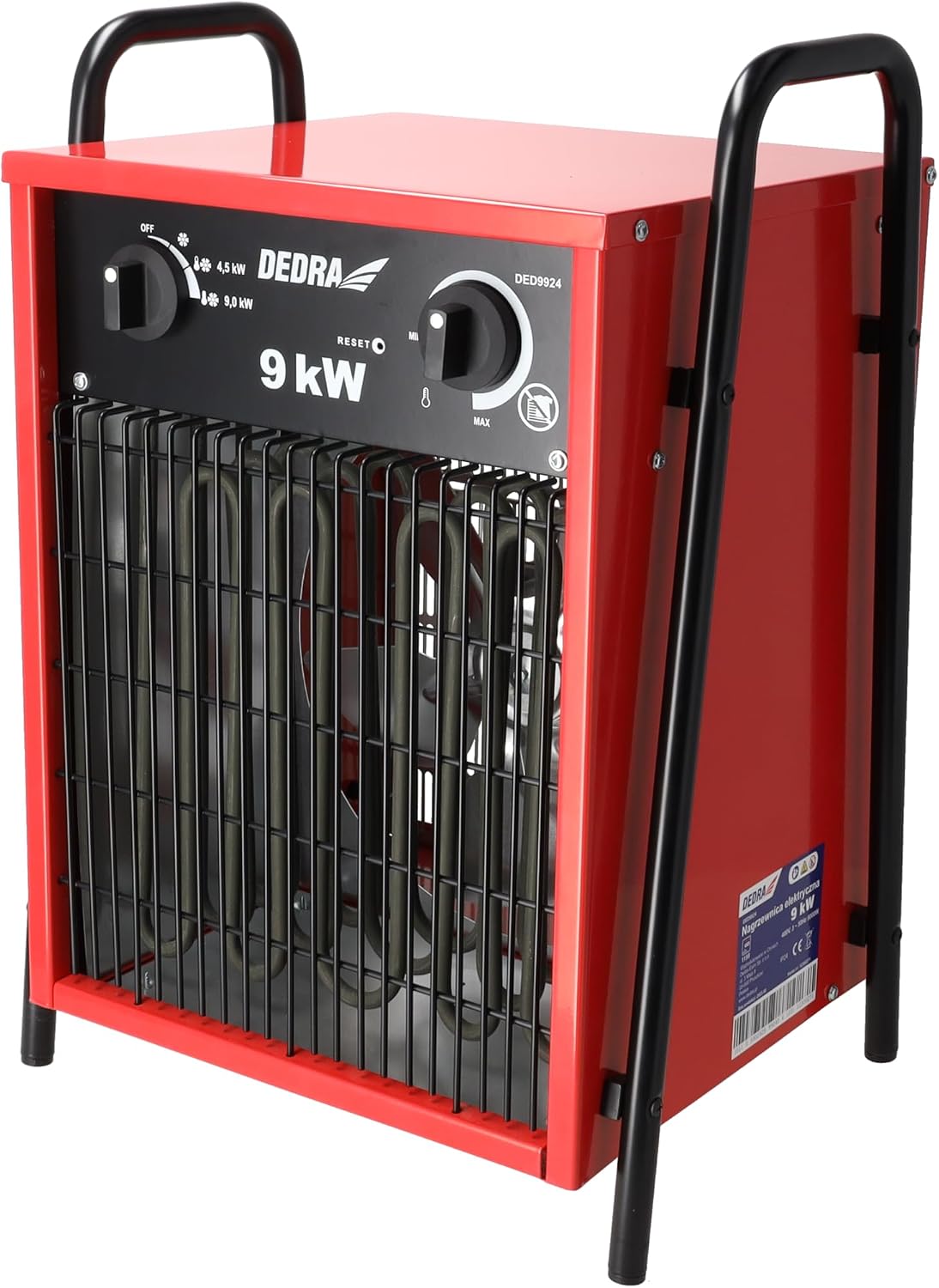 DEDRA DED9924 - Riscaldatore elettrico da 9 kW e 400 V - Tre modalita con temperatura regolabile e termostato - Struttura metallica rossa e nera per ambienti interni