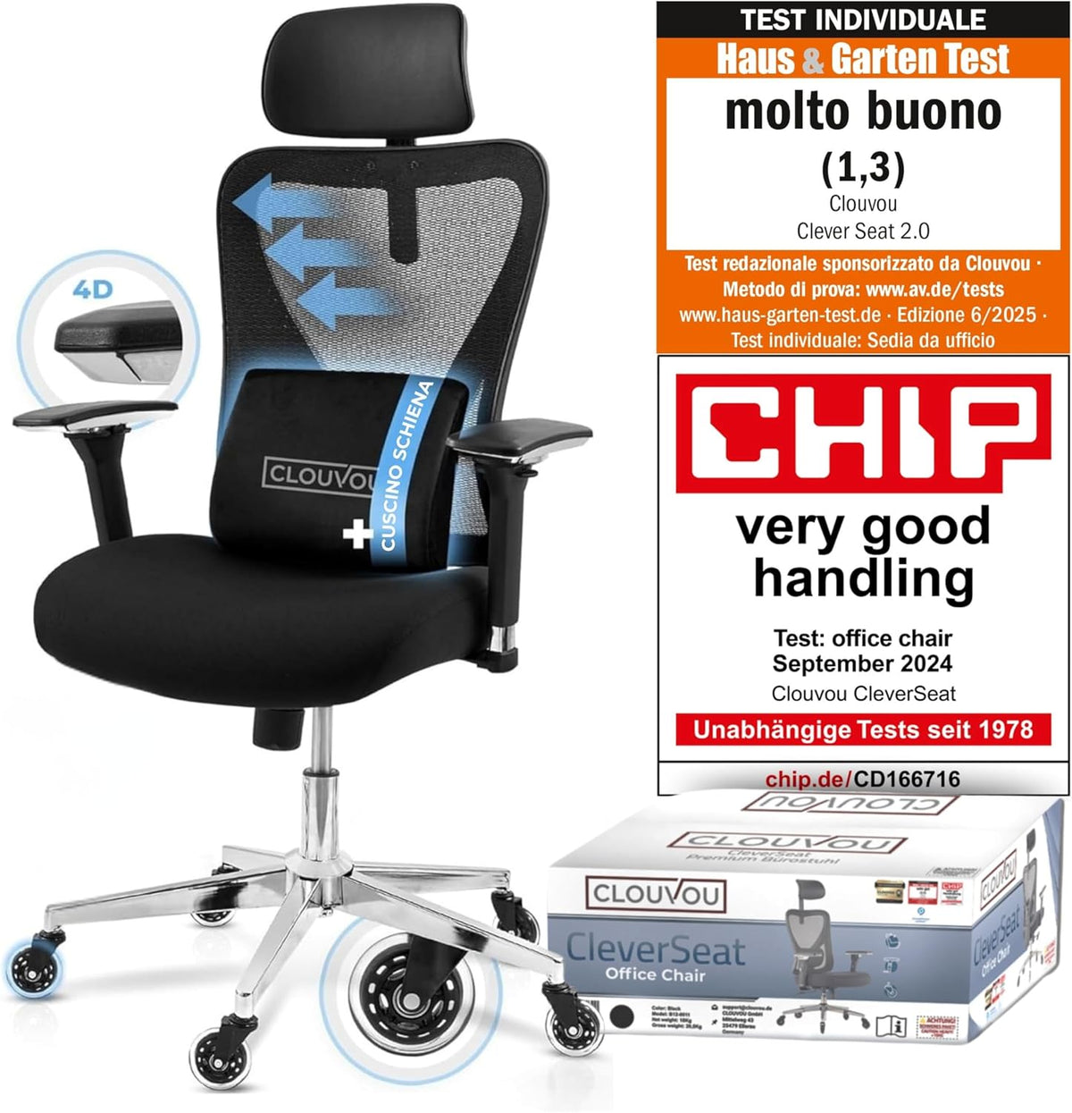 CleverSeat - Sedia da ufficio ergonomica con ruote per smart working - Fibre elastiche di nylon e portata fino a 150 kg - Modello nero sovradimensionato 65 x 70 x 130 cm