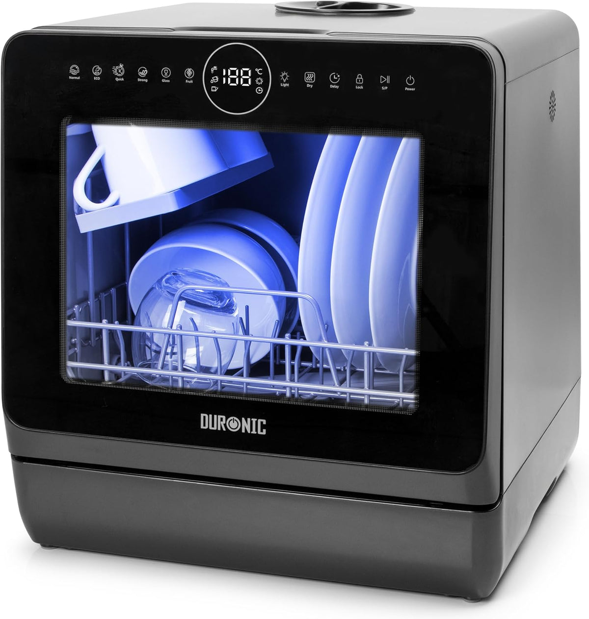 Duronic DW5 BK mini lavastoviglie 950 W - Capacità 5 L con 7 programmi automatici - Asciugatura riscaldata Self Clean timer e pannello touch - Nera 42,8 x 42,5 x 45,8 cm