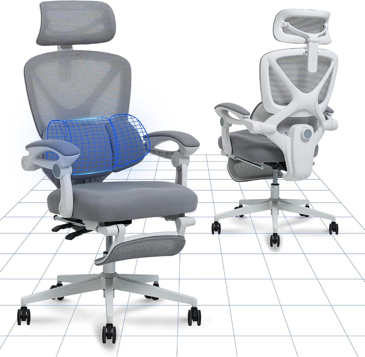 FLEXISPOT OC4 sedia ufficio ergonomica - Struttura girevole a X con inclinazione fino a 135 gradi - Supporto lombare e poggiatesta 3D - Bianco grigio con poggiapiedi