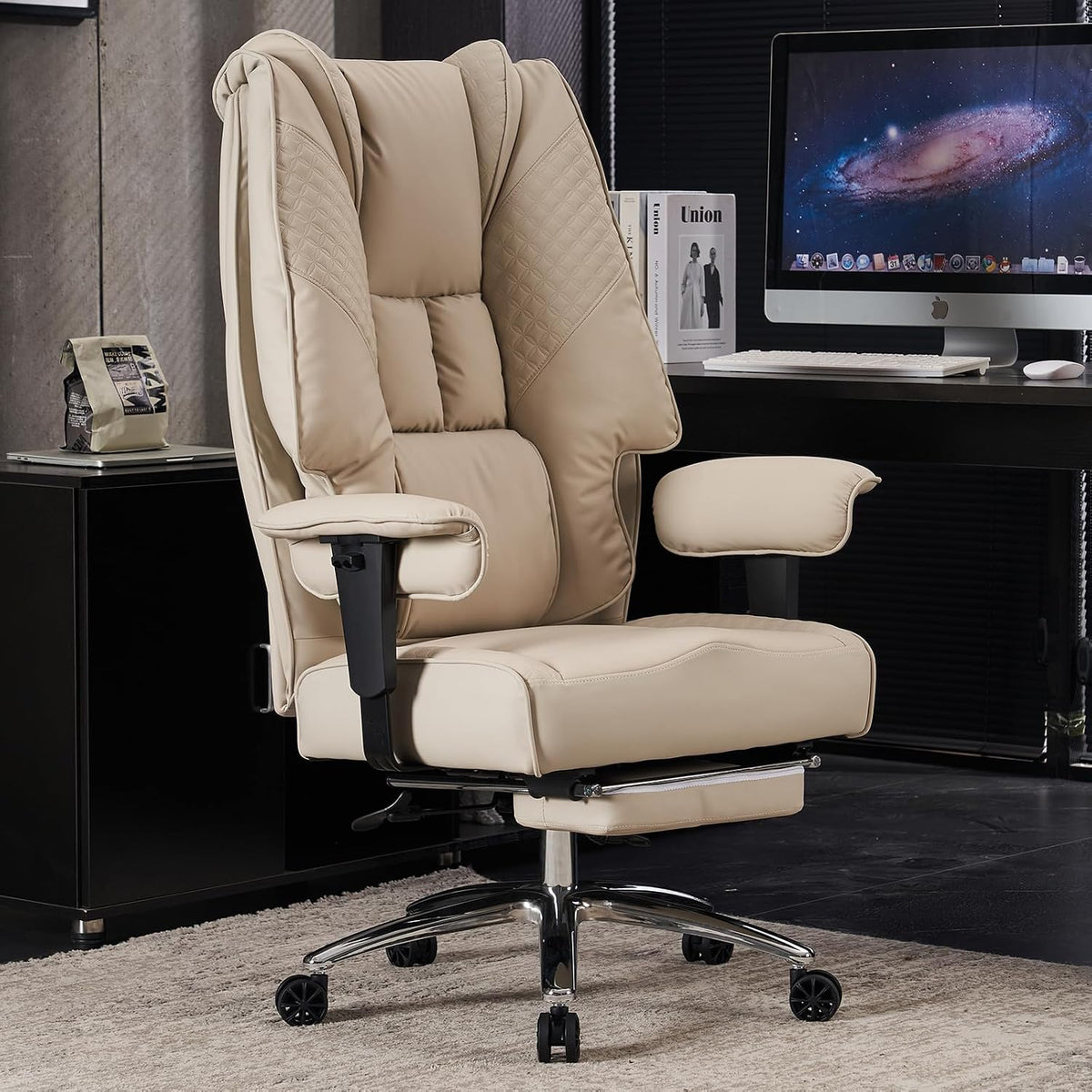 Sedia ergonomica da ufficio - Poltrona direzionale in pelle PU beige con portata 180 kg - Schienale alto e braccioli regolabili - Seduta girevole per casa e ufficio