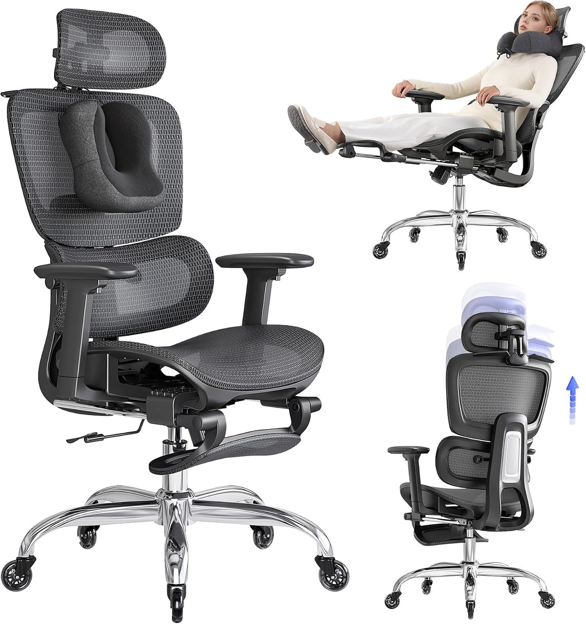 Sedia ufficio ergonomica con poggiapiedi - Schienale regolabile su 5 livelli e supporto lombare 2D - Poggiatesta 3D e cuscino cervicale - Nera con ruote Silentec