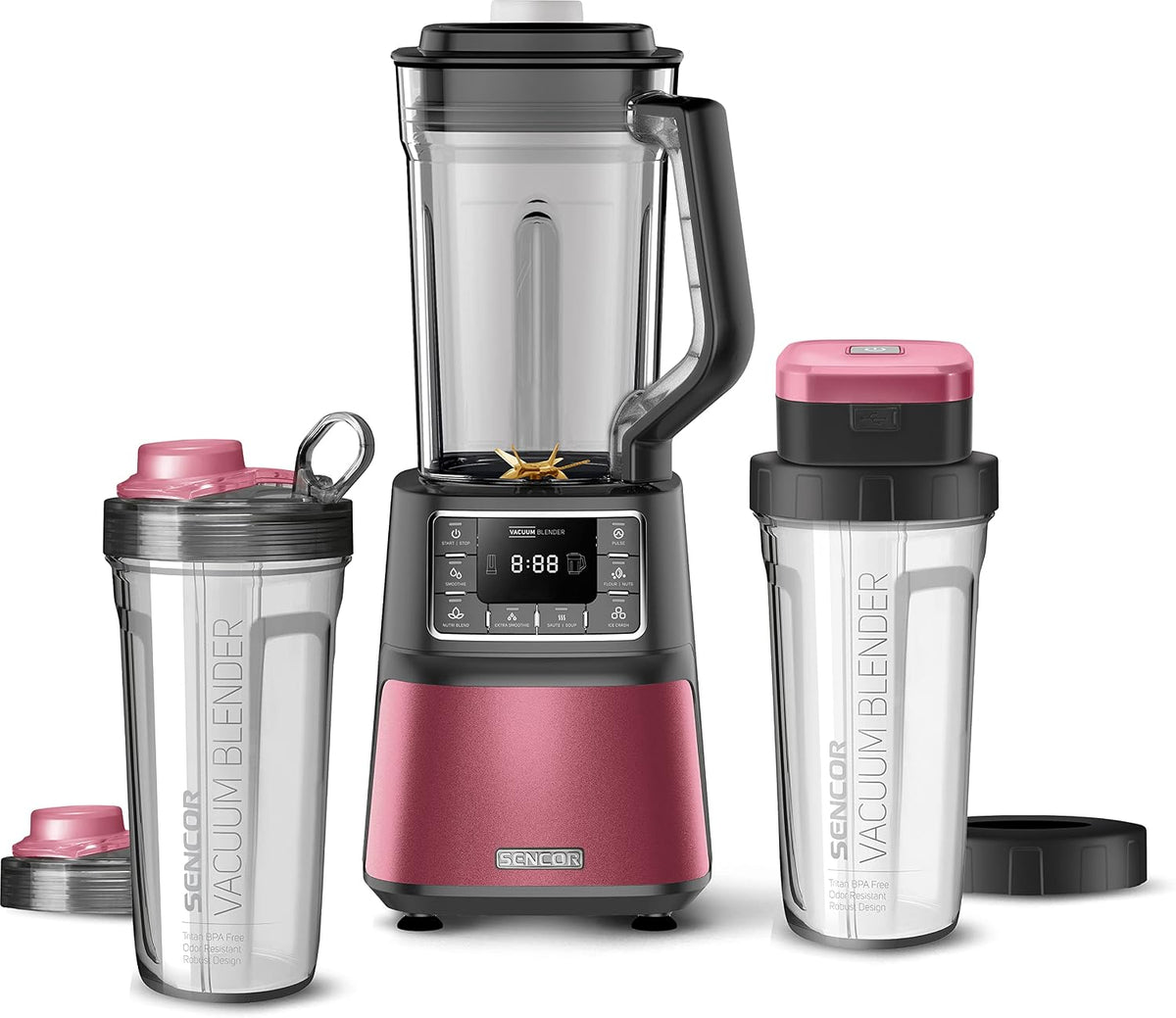 Sencor SBU787 frullatore da tavolo - Caraffa 1,5 L e bicchiere sottovuoto 0,7 L - Otto lame inox e sette programmi preimpostati - Rosso con funzione sottovuoto e componenti lavabili in lavastoviglie
