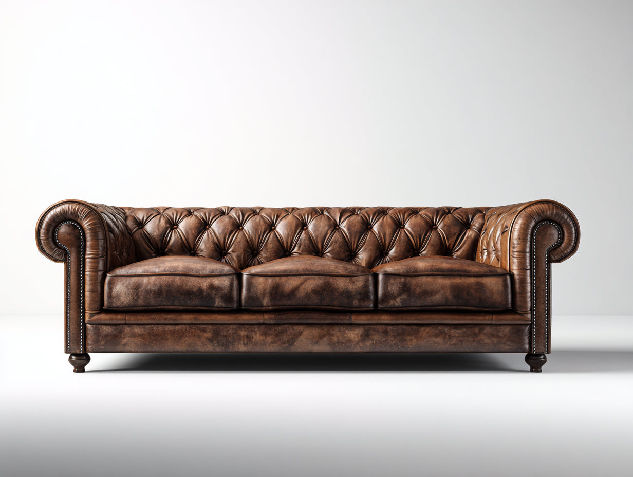 Divano lineare - pelle-legno - 226x90x84 cm - marrone - stile Chesterfield