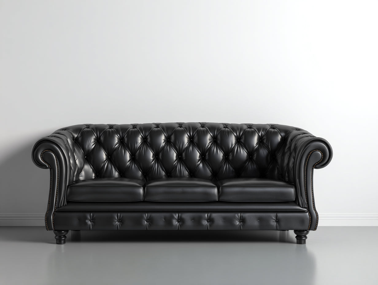 Divano lineare - pelle-legno - 224x90x84 cm - nero - stile Chesterfield